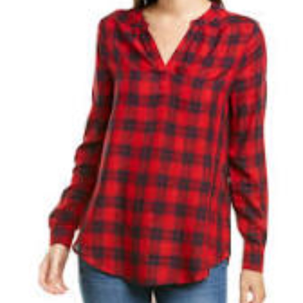 NWT Beachlunchlounge Red Black Plaid Popover Top